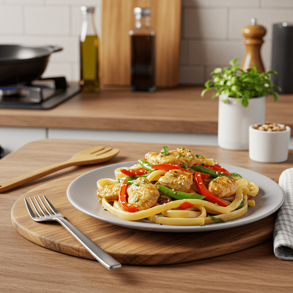 Stir-Fried Chicken Fettuccine Delight with Vegetables