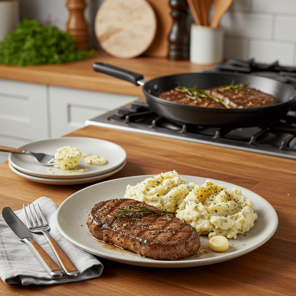 Stove-Top Ribeye Steaks with Garlic-Herb Butter and Parmesan Smashed Potatoes