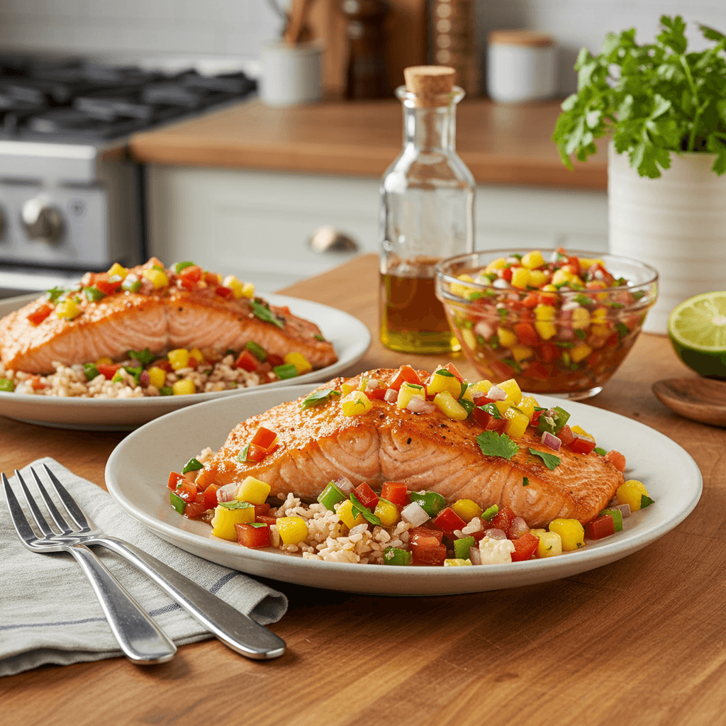 Sweet and Spicy Oven-Roasted Salmon with Tropical Salsa