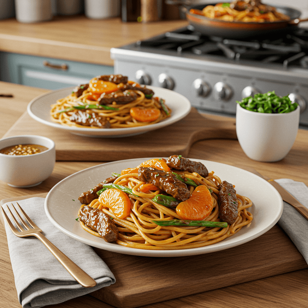 Sweet & Savory Orange-Glazed Beef Spaghetti