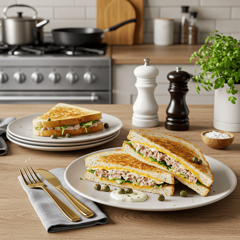 Tantalizing Tuna and Cheese Melt with Zesty Caper Dressing