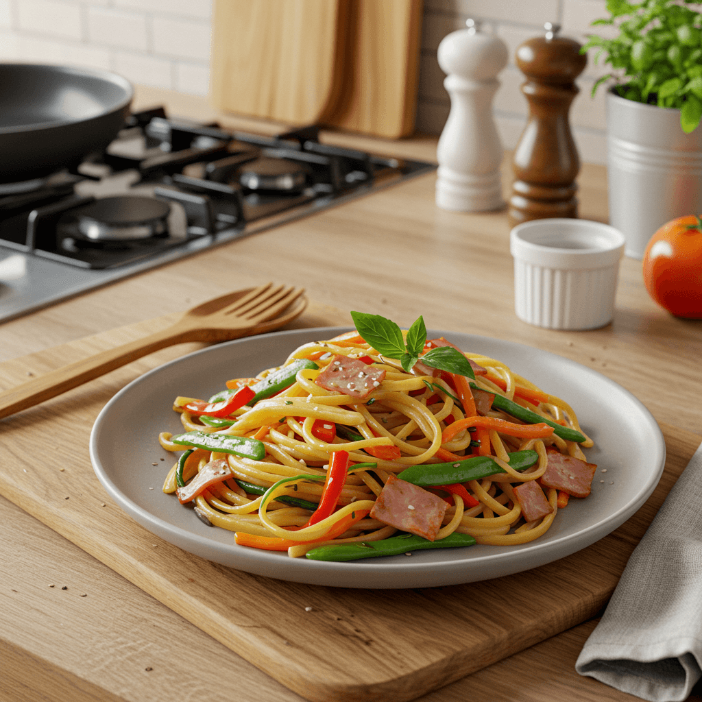 Vibrant Stir-Fried Pasta with Ham, Vegetables, and Herbs