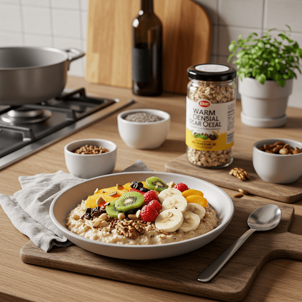 Warm Chia Oatmeal with Fresh Fruit and Nuts