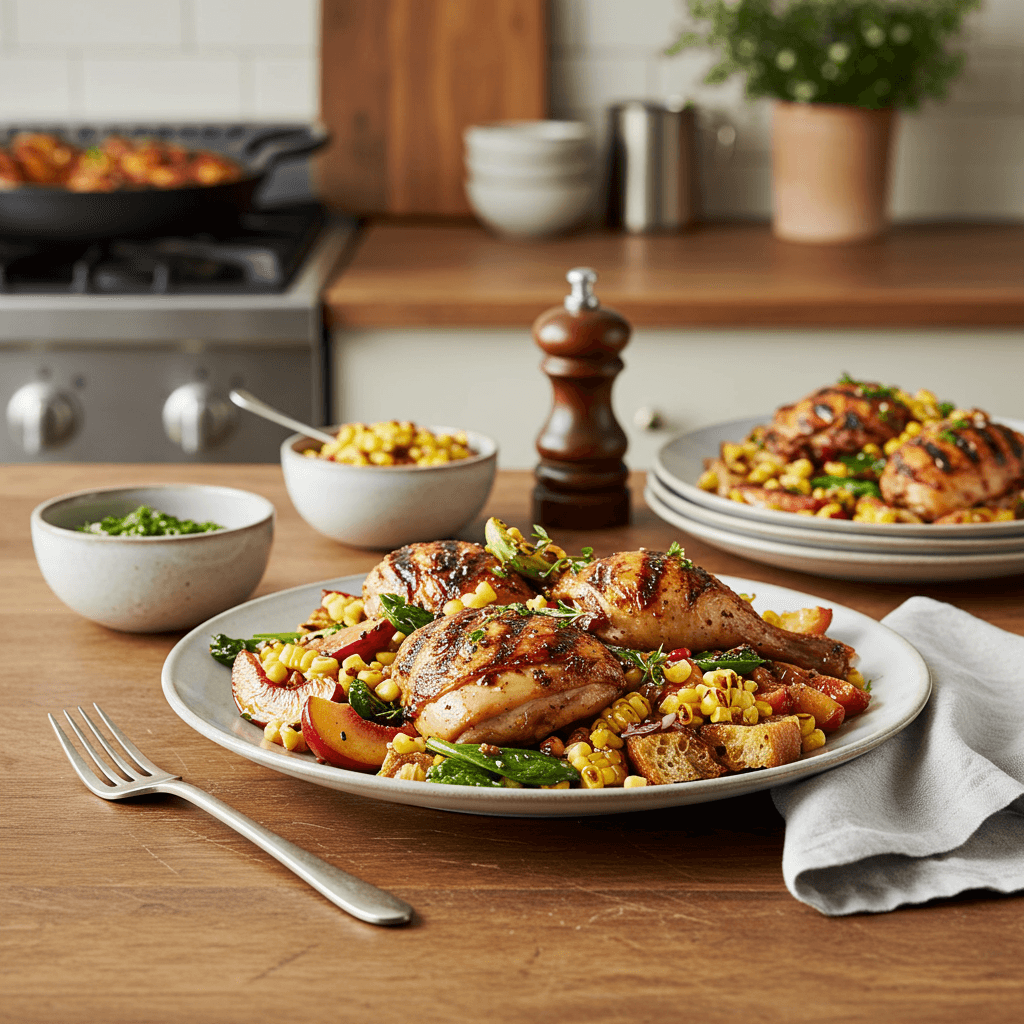 Charcoal-Grilled BBQ Chicken with Stone Fruit and Corn Panzanella