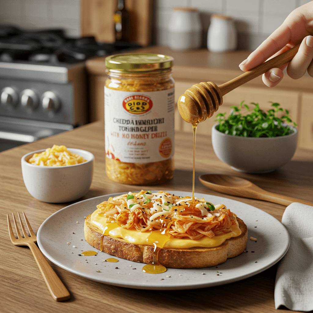 Cheddar Kimchi Toast with Hot Honey Drizzle