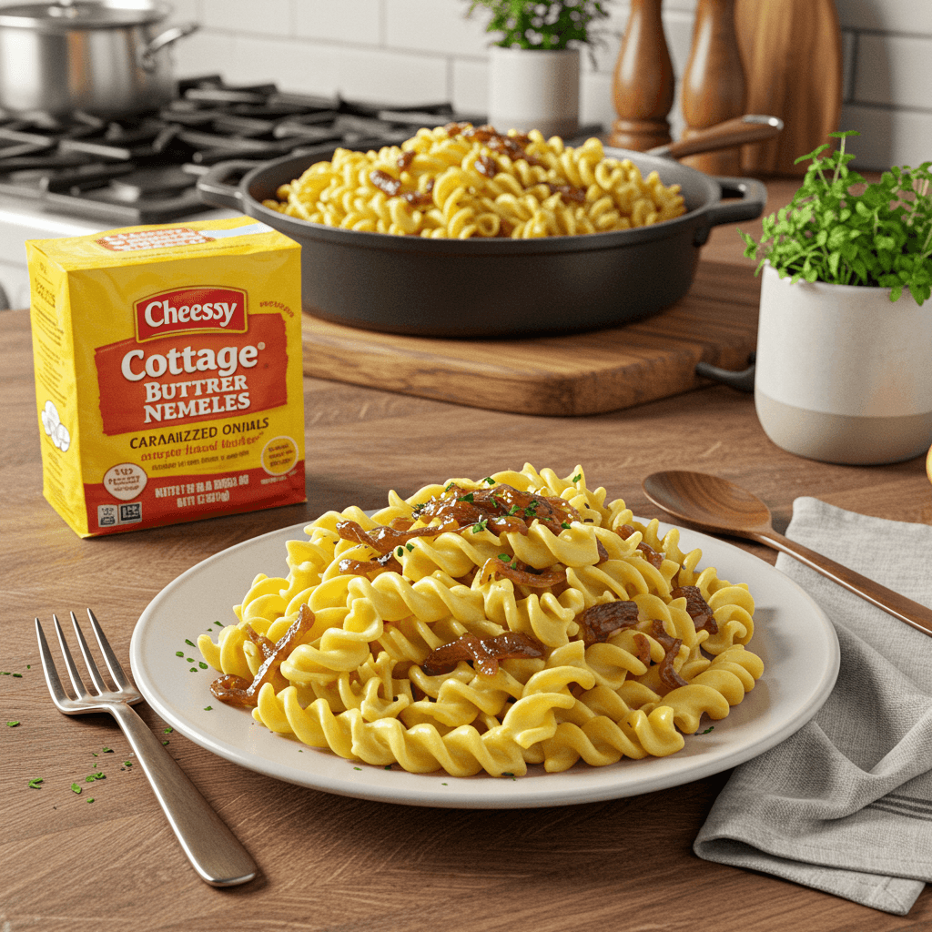 Cheesy Cottage Buttered Noodles with Caramelized Onions