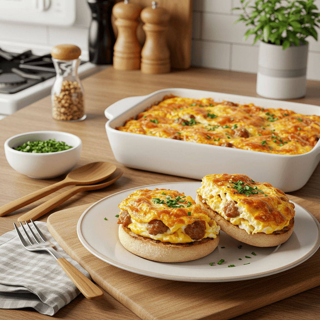Cheesy Sausage Egg Bake on English Muffins