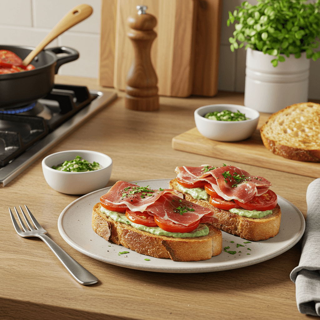 Crispy Pan-Fried Serrano Ham Toast with Tomato and Anchovy Aioli