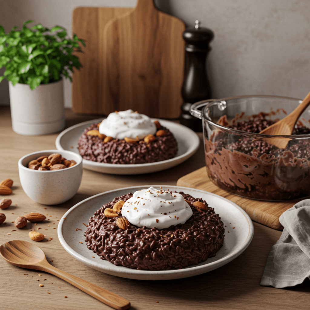 Decadent Chocolate Rice Pudding with Spiced Nuts and Coconut Whip