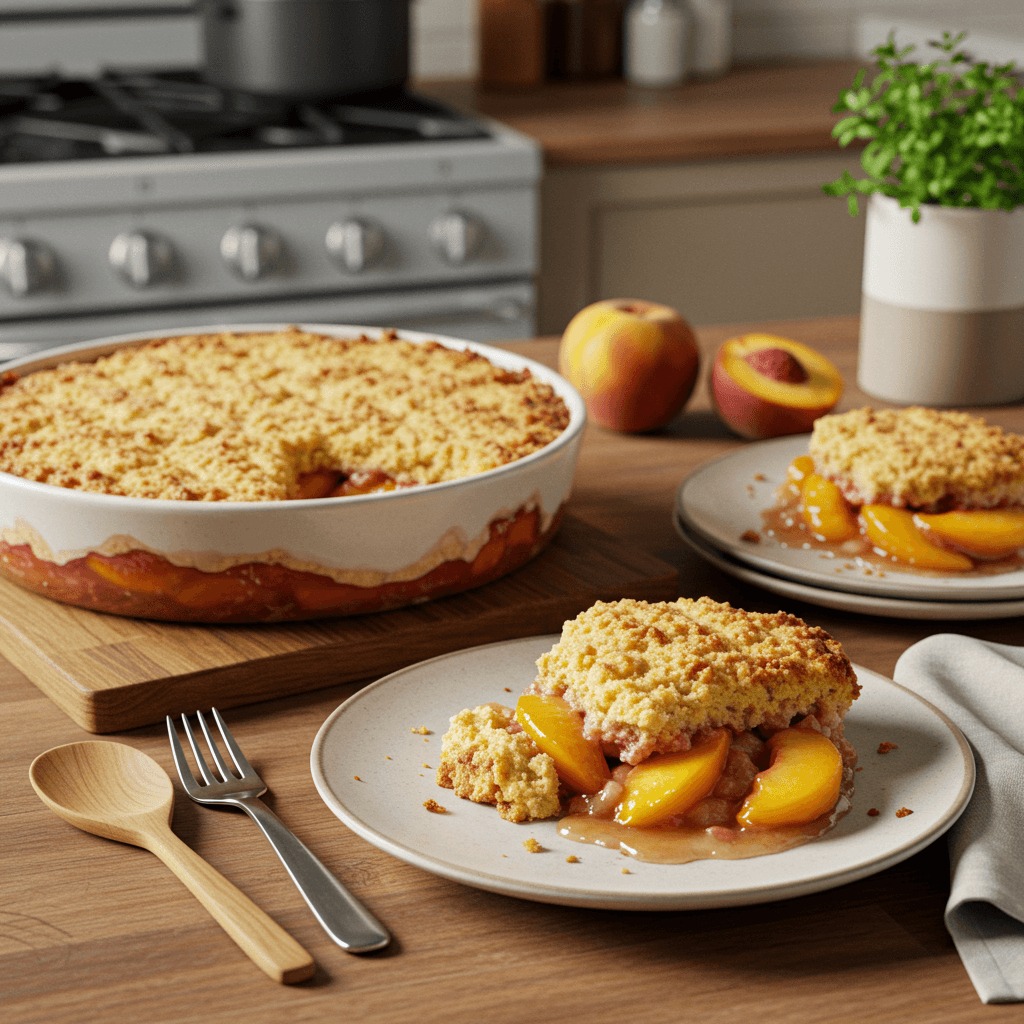 Decadent Peach Cobbler with Crispy Cake Topping