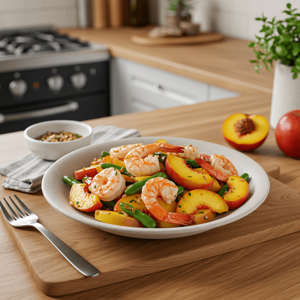 Garlic Shrimp Stir-Fry with Peaches and Vegetables