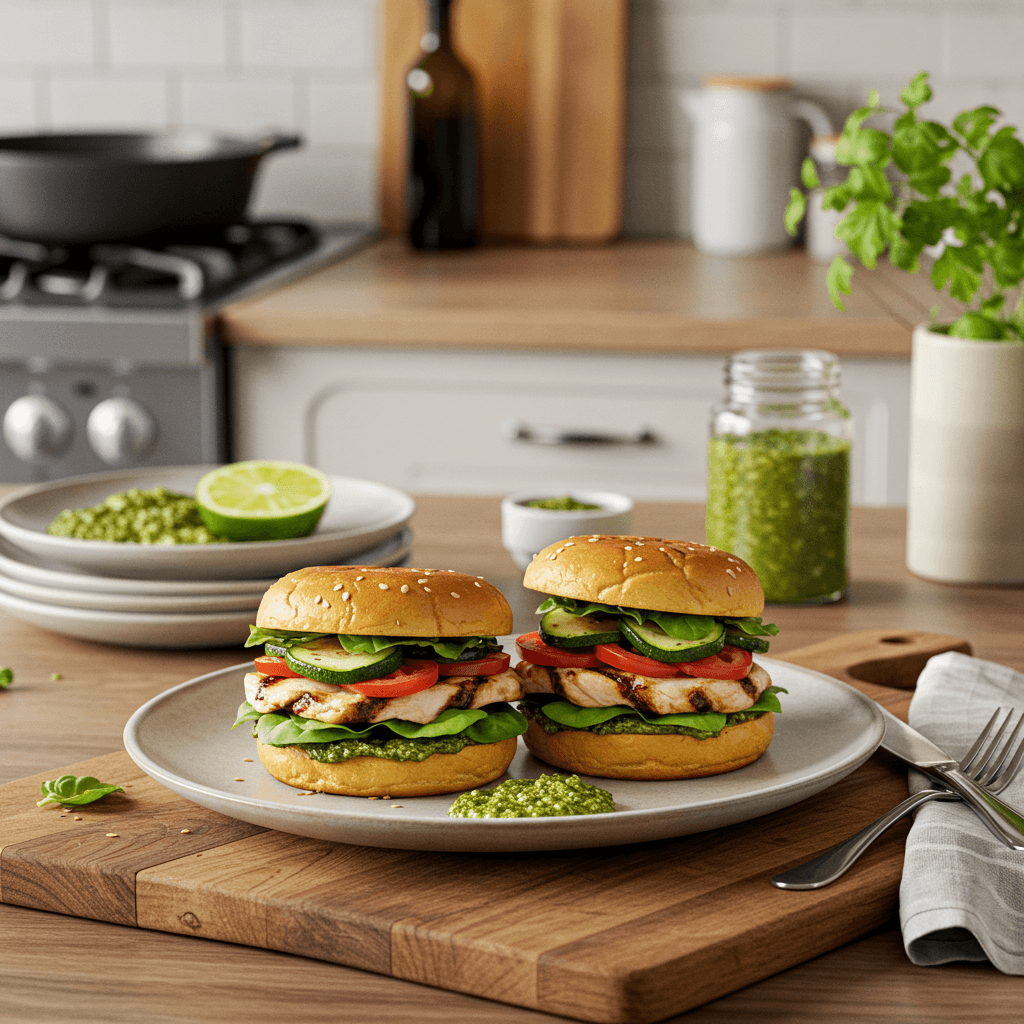 Grilled Chicken and Veggie Sliders with Pesto-Miso Sauce