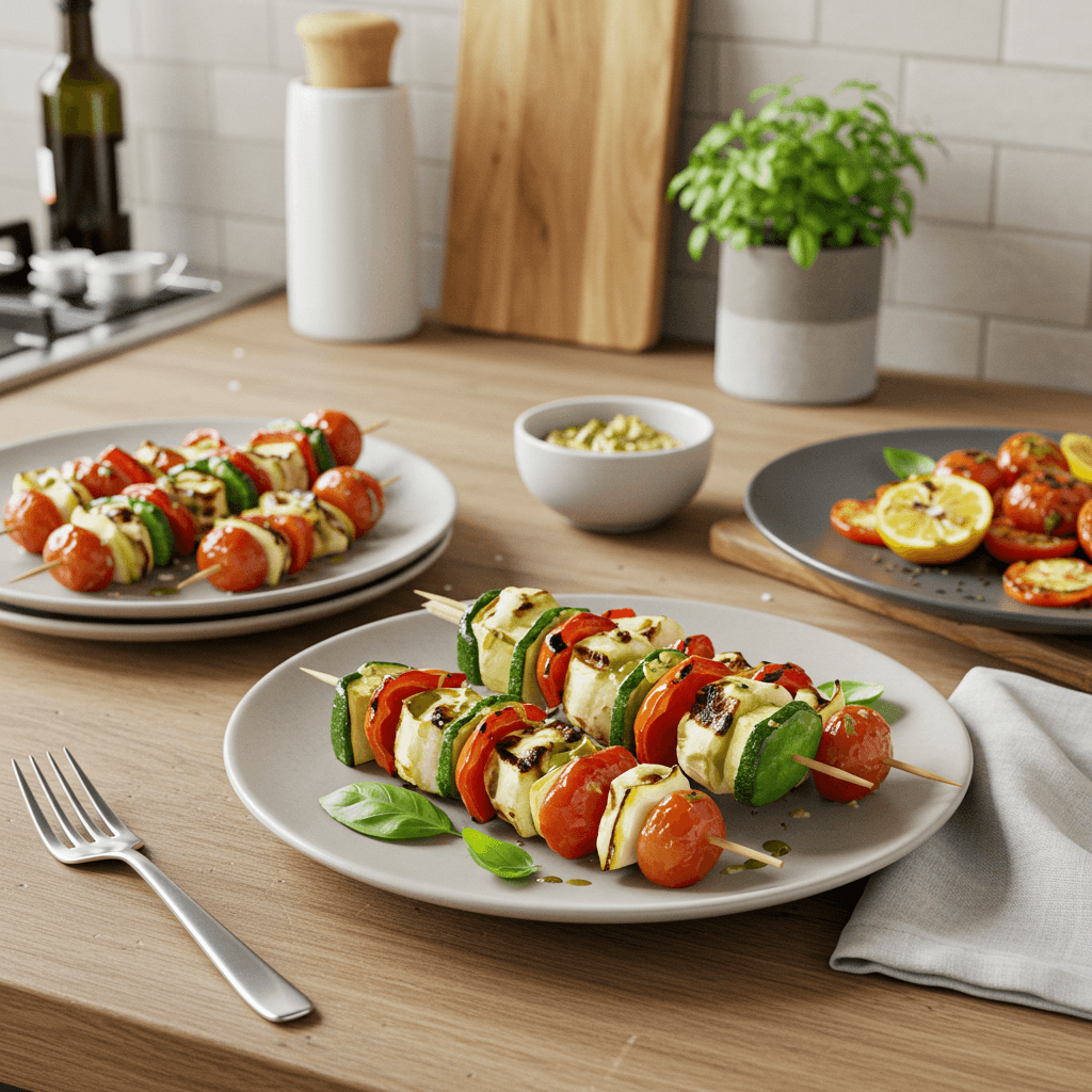 Grilled Mediterranean Veggie Skewers with Caprese Twist