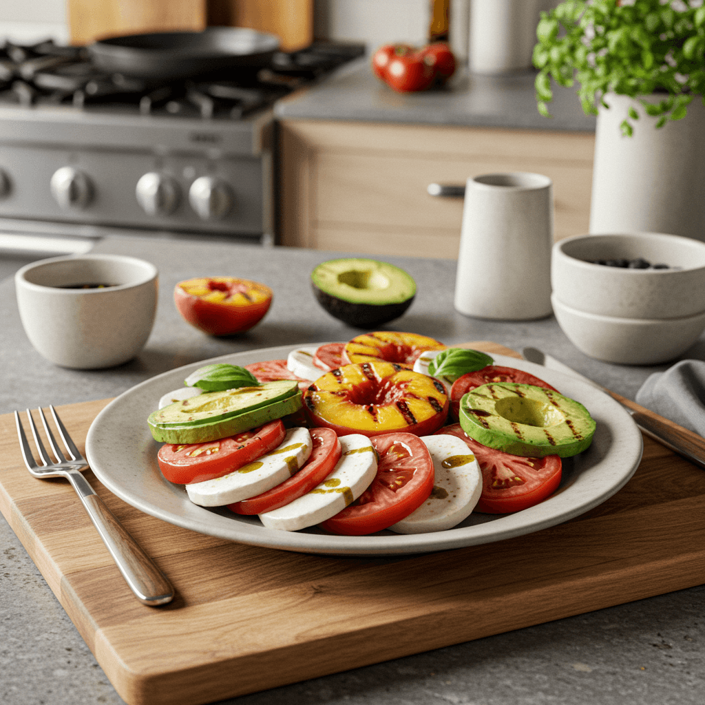 Grilled Peach and Tomato Caprese Salad with Charcoal-Kissed Avocado