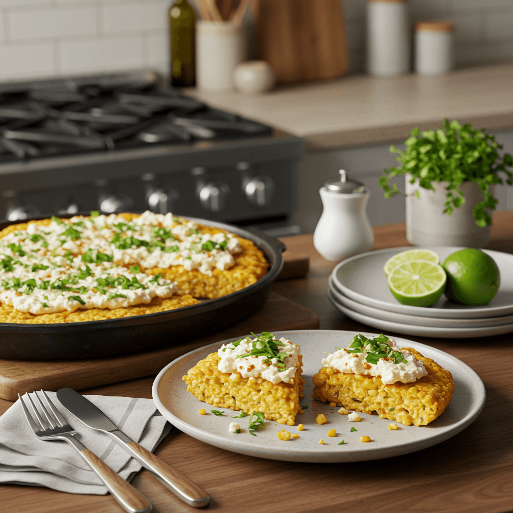 Oven-Baked Elote Cornbread with Queso Fresco & Chile-Lime Topping