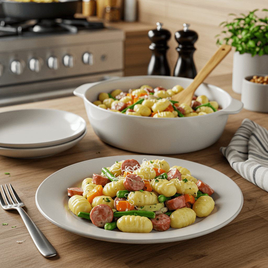 Oven-Baked Gnocchi with Creamy Sausage and Veggie Medley