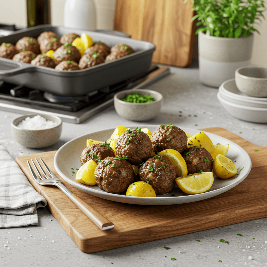 Oven-Baked Greek Meatballs with Lemon Herb Potatoes