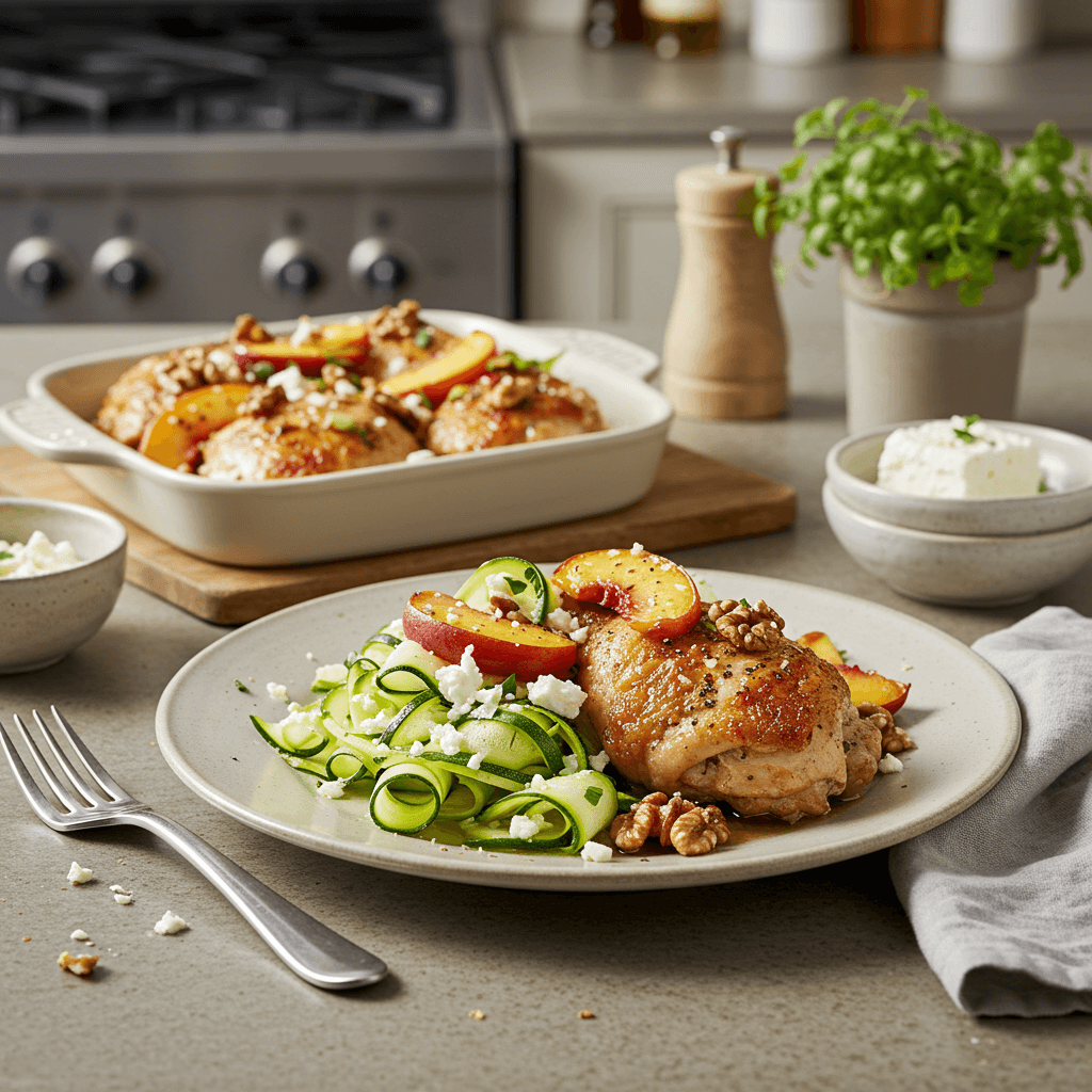 Oven-Baked Peach & Walnut Chicken with Herbed Feta Zucchini Ribbons