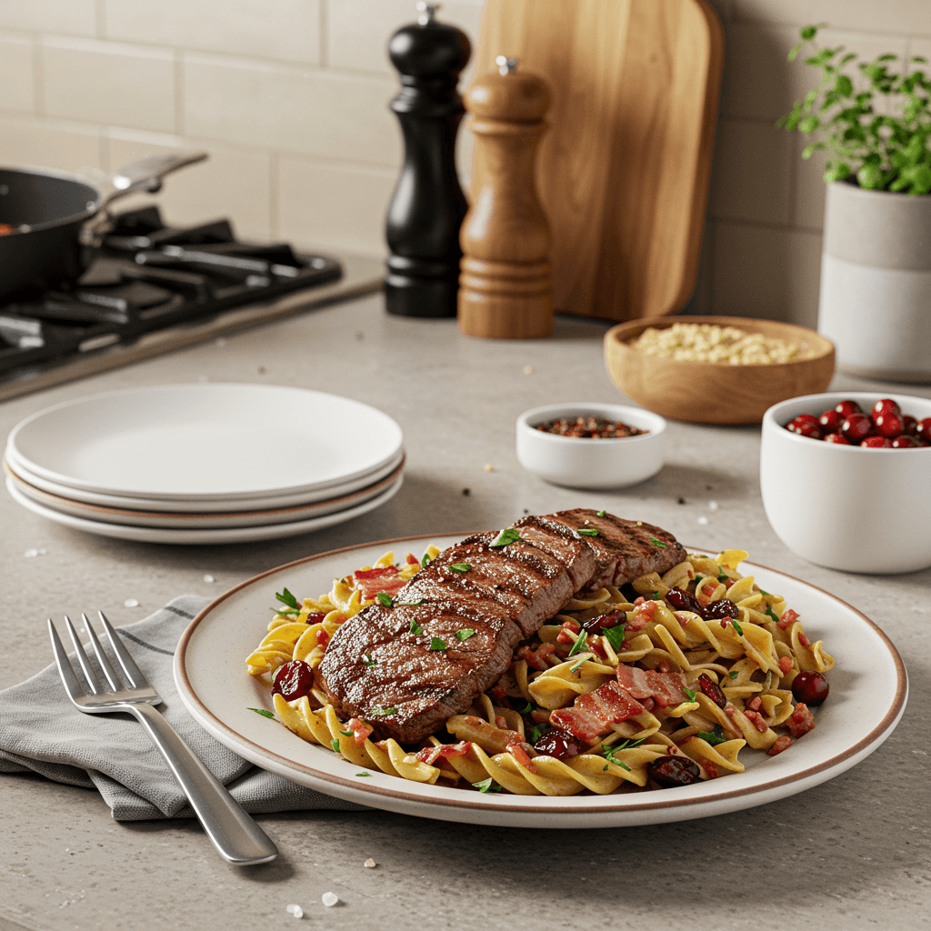 Pan-Fried Steak with Bacon-Cranberry Noodle Medley
