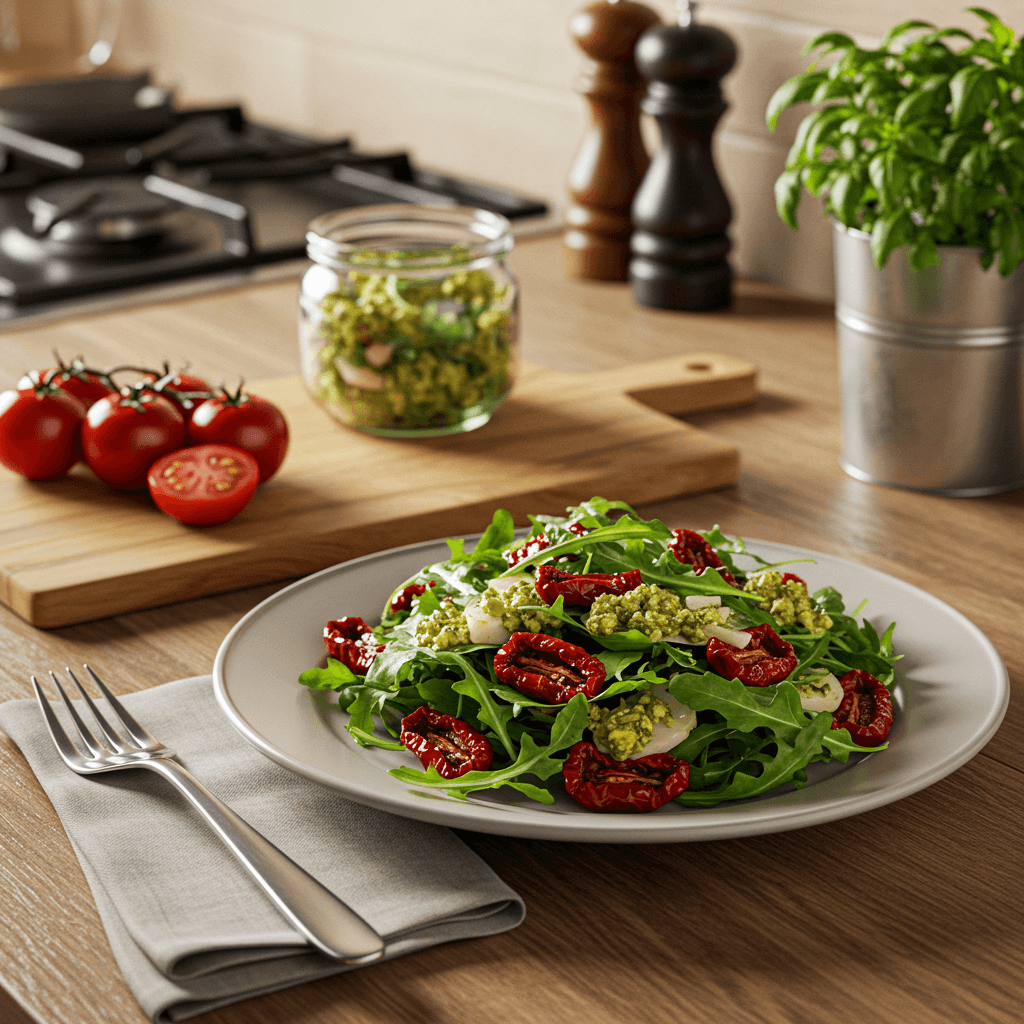 Pesto Radiatori Salad with Sun-Dried Tomatoes and Arugula