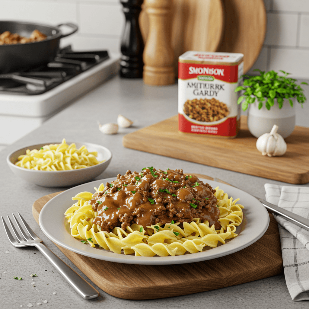 Savory Ground Beef and Garlic Gravy over Buttered Noodles
