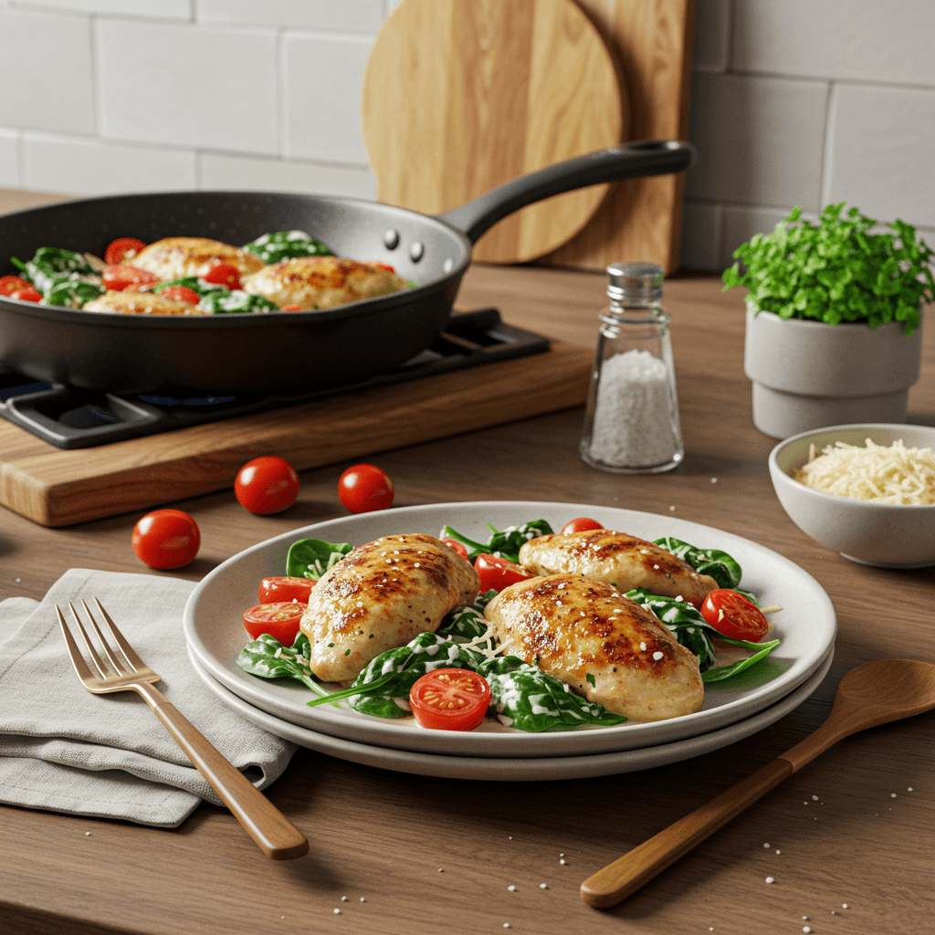 Savory Skillet Chicken with Creamy Parmesan, Spinach, and Cherry Tomatoes