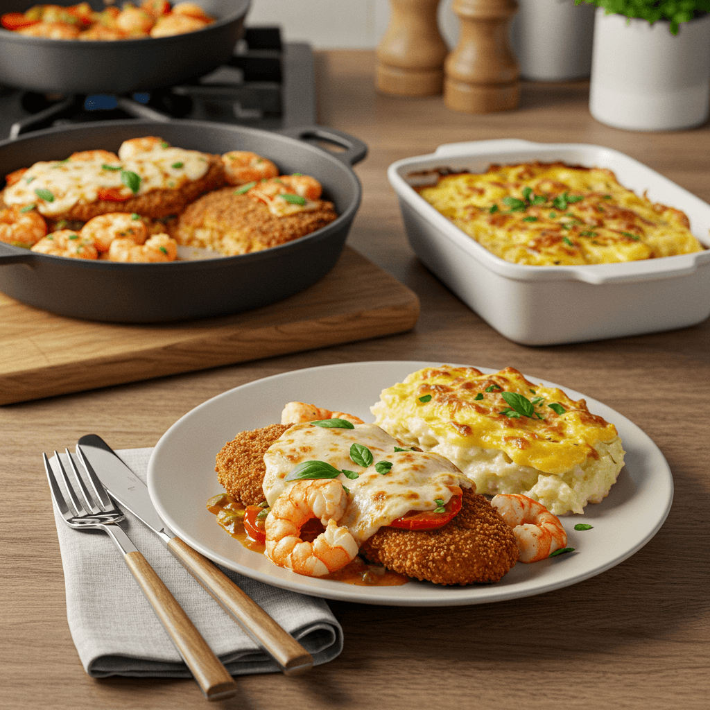 Shrimp and Chicken Parmesan with Basil Scalloped Potato Bake