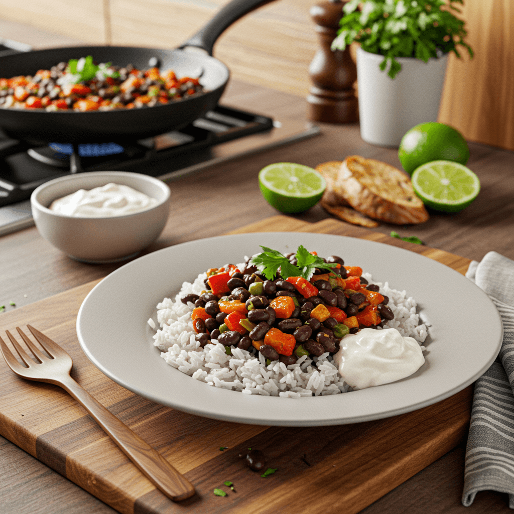 Spicy Black Bean Saute with Zesty Lime Sour Cream
