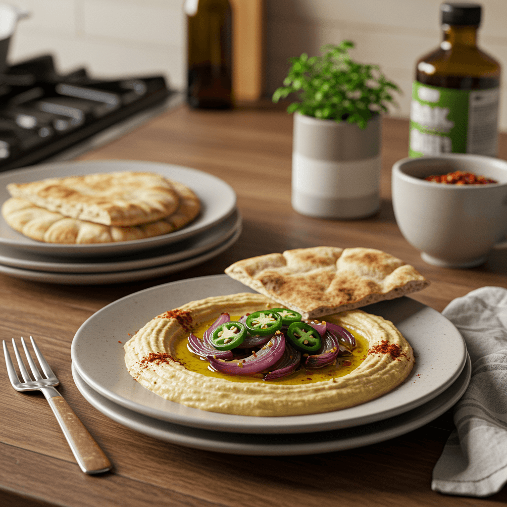 Spicy Jalapeño Hummus with Caramelized Onion and Pita