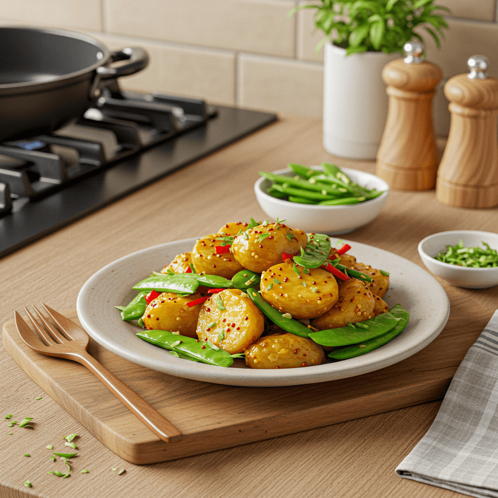 Spicy Mustard Potato Stir-Fry with Snow Peas