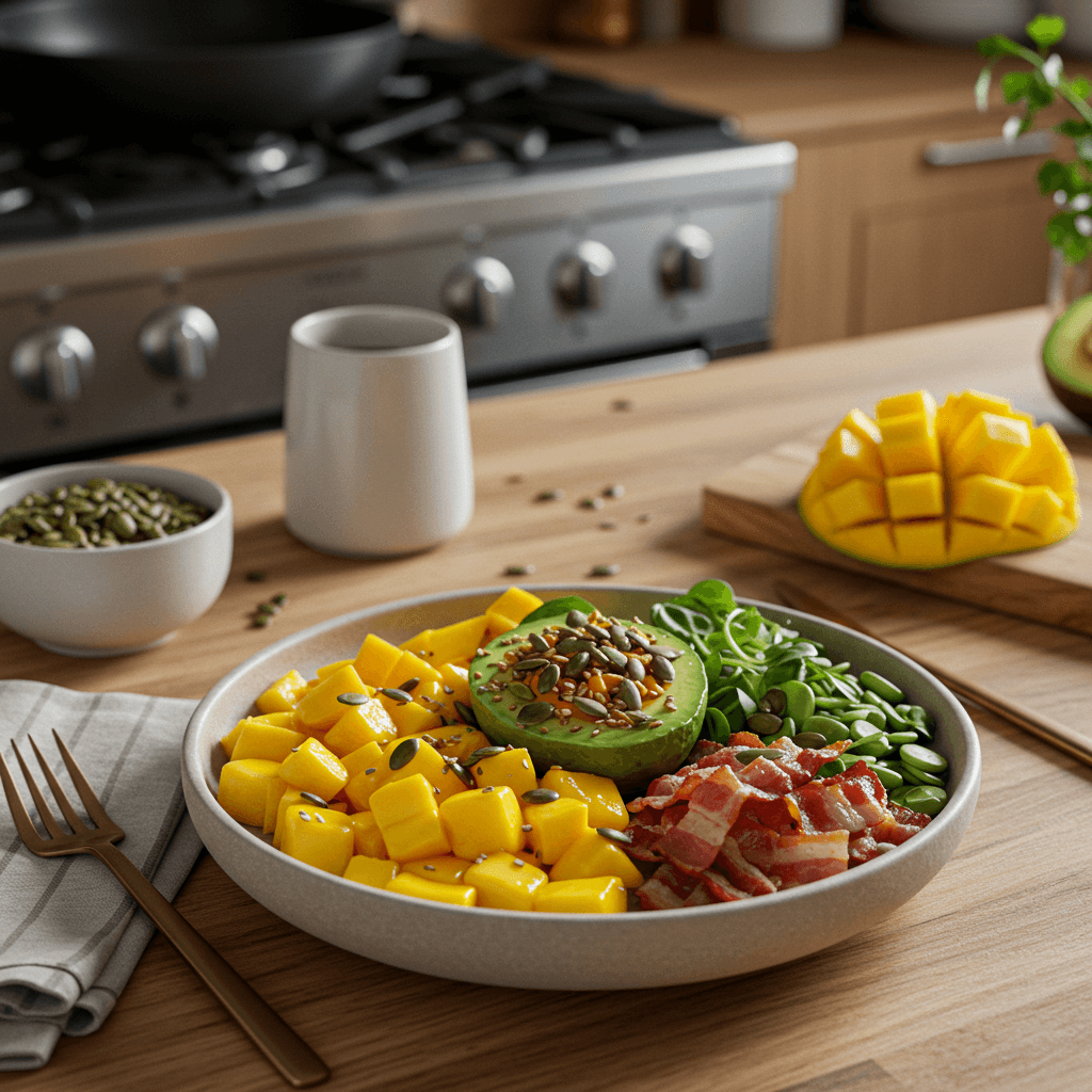 Ultimate Avocado Snack Bowl with Mango, Bacon, and Crunchy Pumpkin Seeds