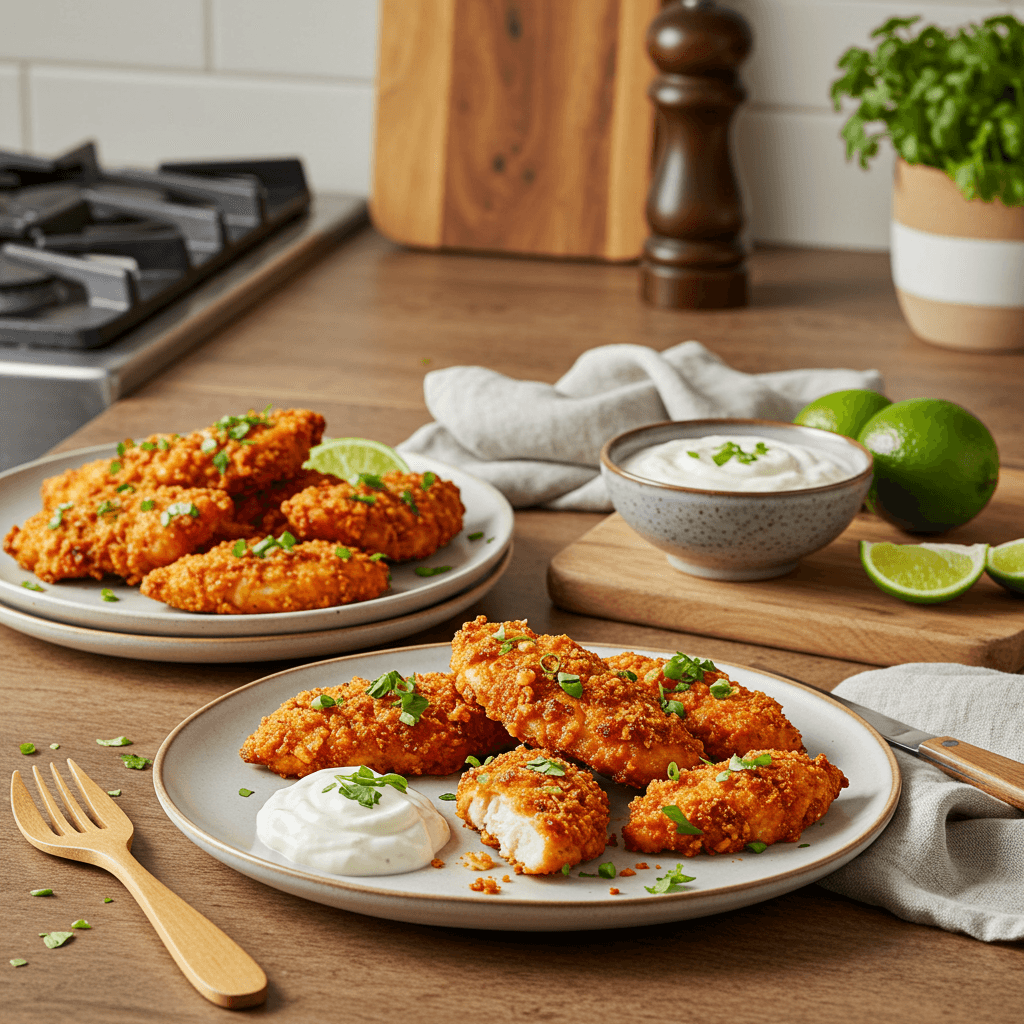Zesty Ancho Chili-Crusted Chicken Tenders with Lime Yogurt Dip