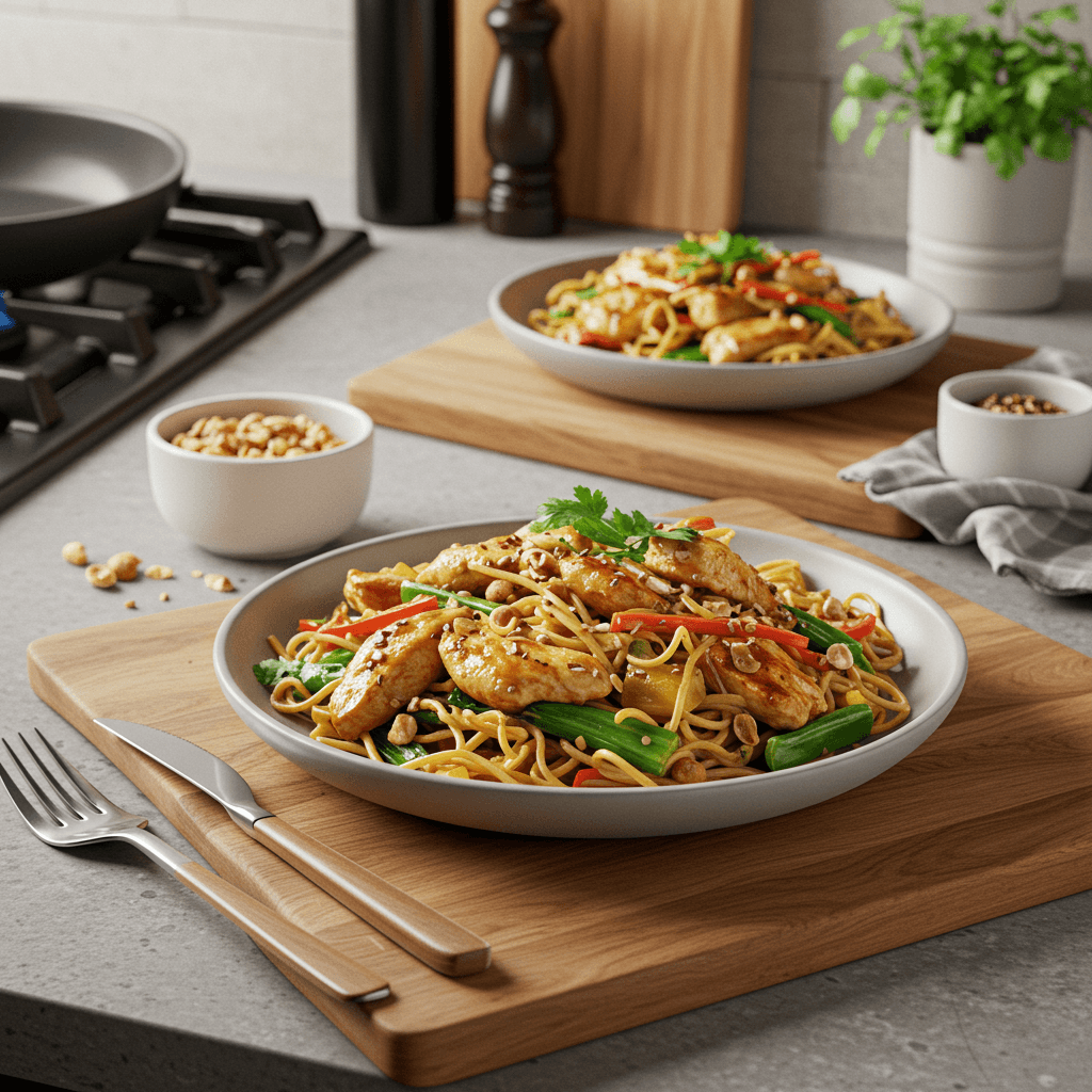 Zesty Sauteed Chicken Noodle Bowl with Nutty Crunch