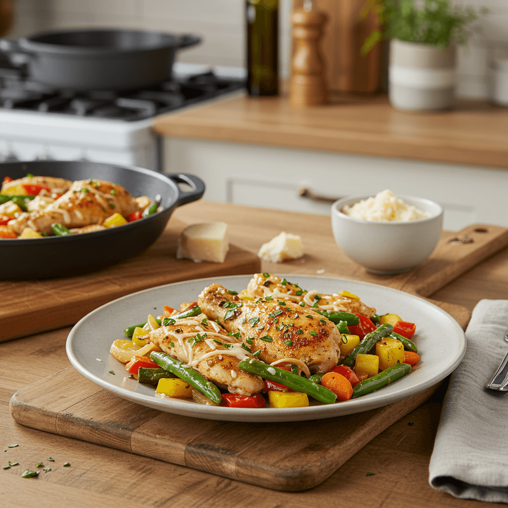 Zesty Skillet Chicken with Sautéed Vegetables and Cheese