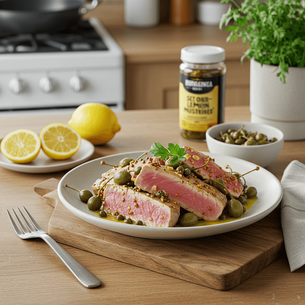 Zesty Stir-Fried Tuna with Capers and Lemon Mustard Dressing
