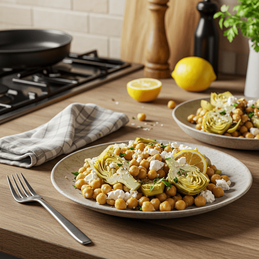Baked Chickpea and Artichoke with Lemon and Feta
