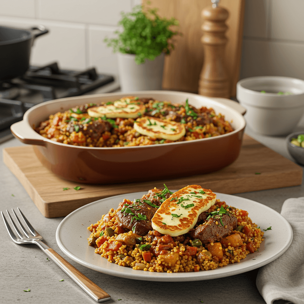 Baked Mediterranean Feast: Lamb and Merguez Couscous with Halloumi and Herb Garnish