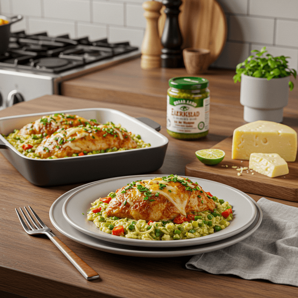 Baked Salsa Verde Chicken with Melted Pepper Jack Cheese