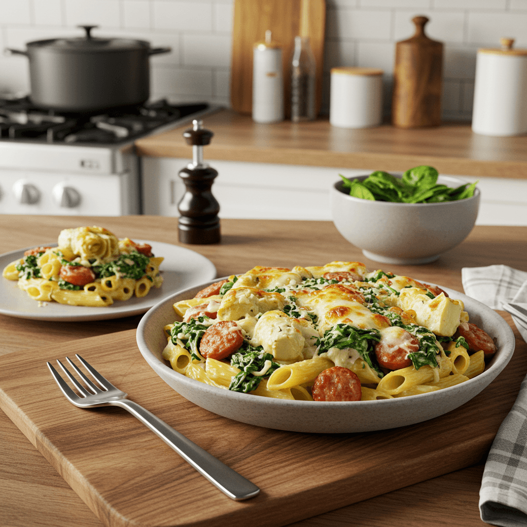 Baked Spinach and Artichoke Pasta with Cheese and Sausage