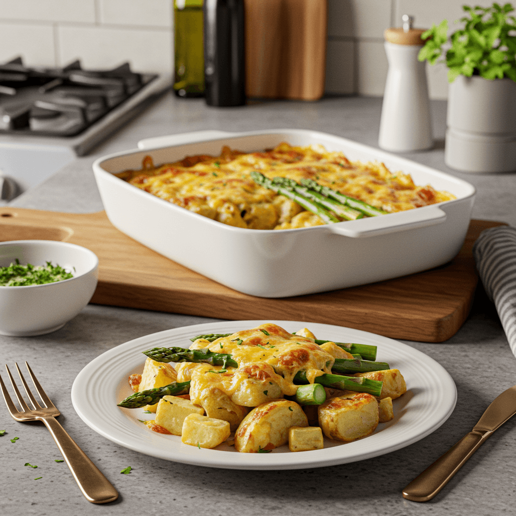 Cheesy Breakfast Potato and Asparagus Bake