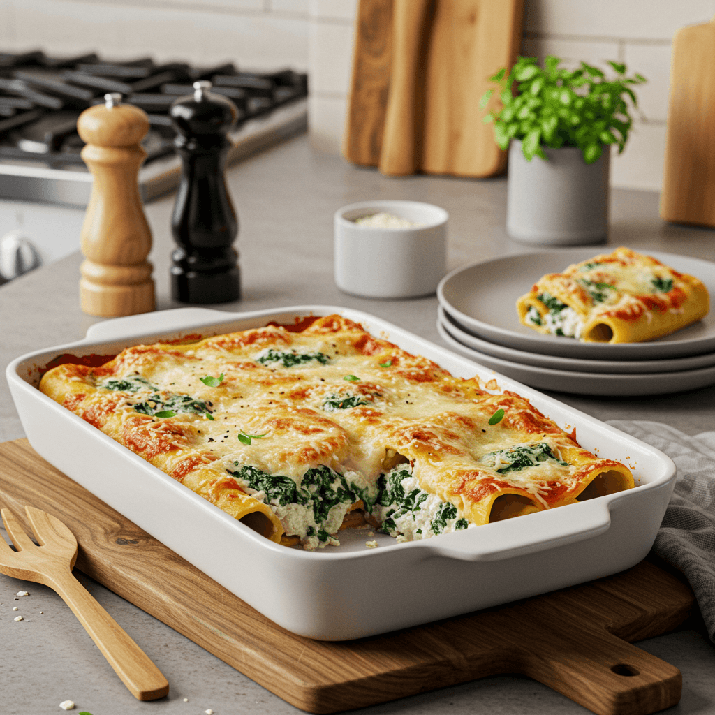 Cheesy Spinach & Ricotta Stuffed Cannelloni Bake