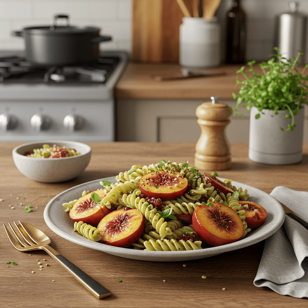 Chilled Mediterranean Spiral Pasta Salad with Grilled Stone Fruits