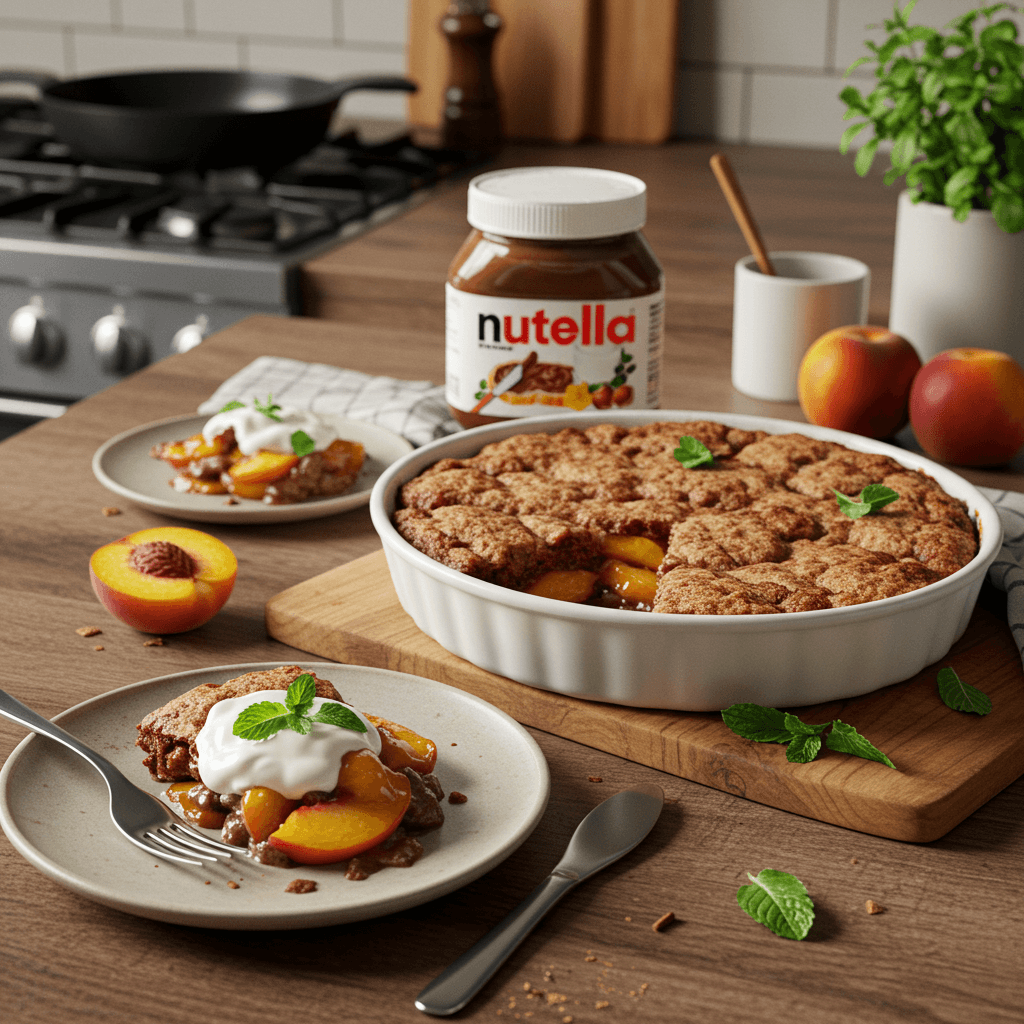 Decadent Chocolate Nutella Peach Cobbler with Mint Yogurt Drizzle
