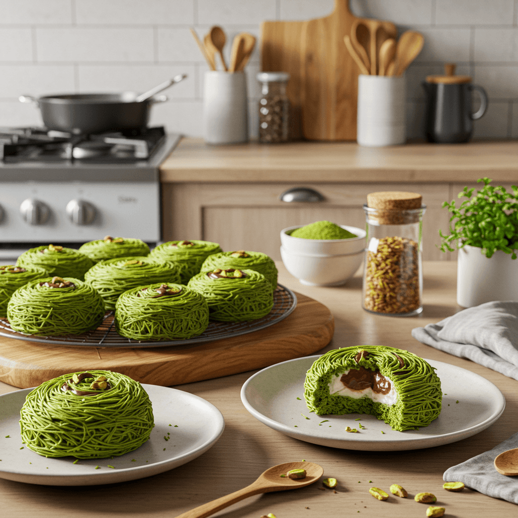 Pistachio Matcha Kataif Nests with Triple Chocolate Swirl