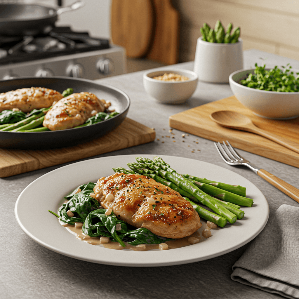 Elegant Pan-Fried Chicken Marsala with Creamy Spinach and Asparagus