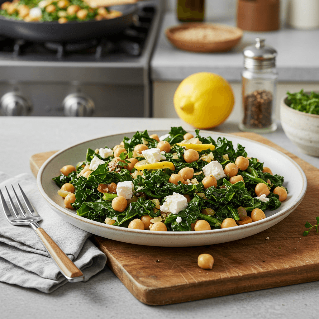 Greek-Inspired Chickpea and Kale Sauté with Feta & Lemon