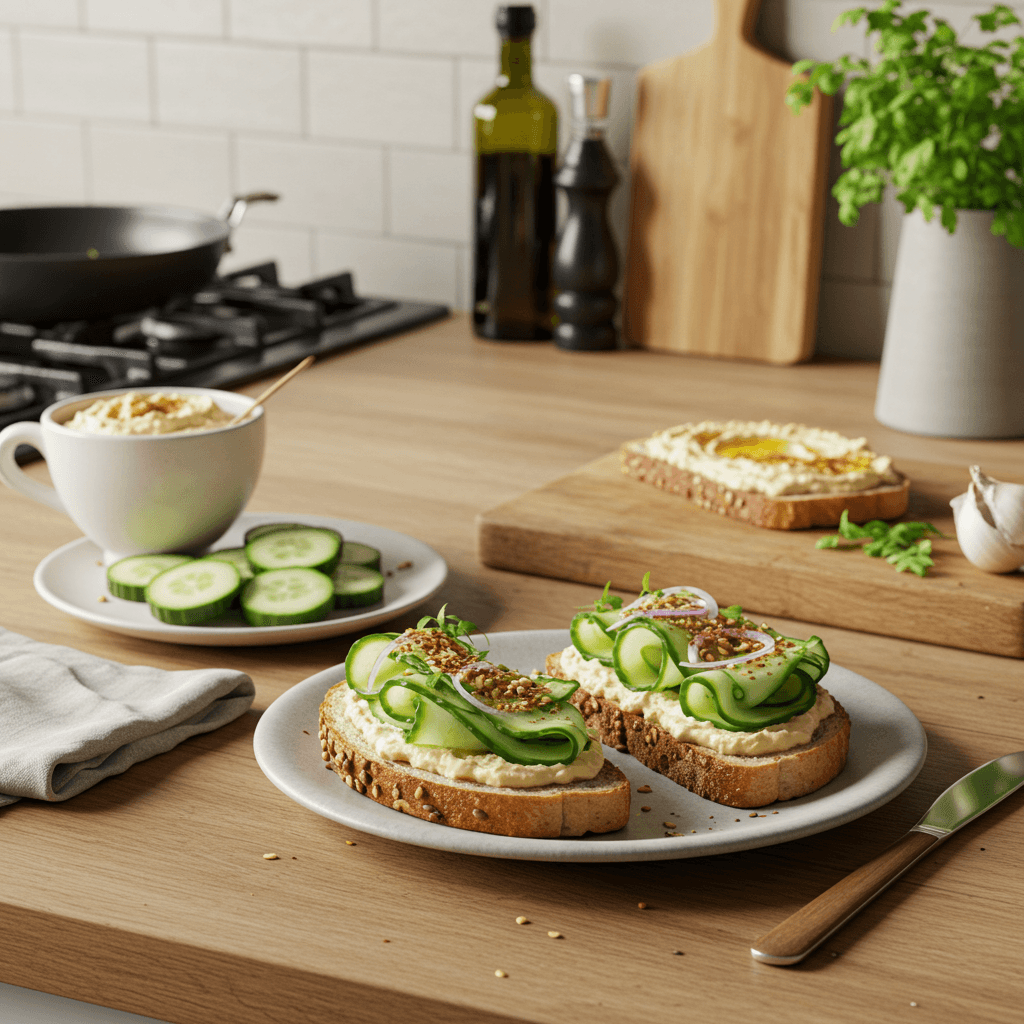Herb-Infused Cucumber and Hummus Open Sandwich