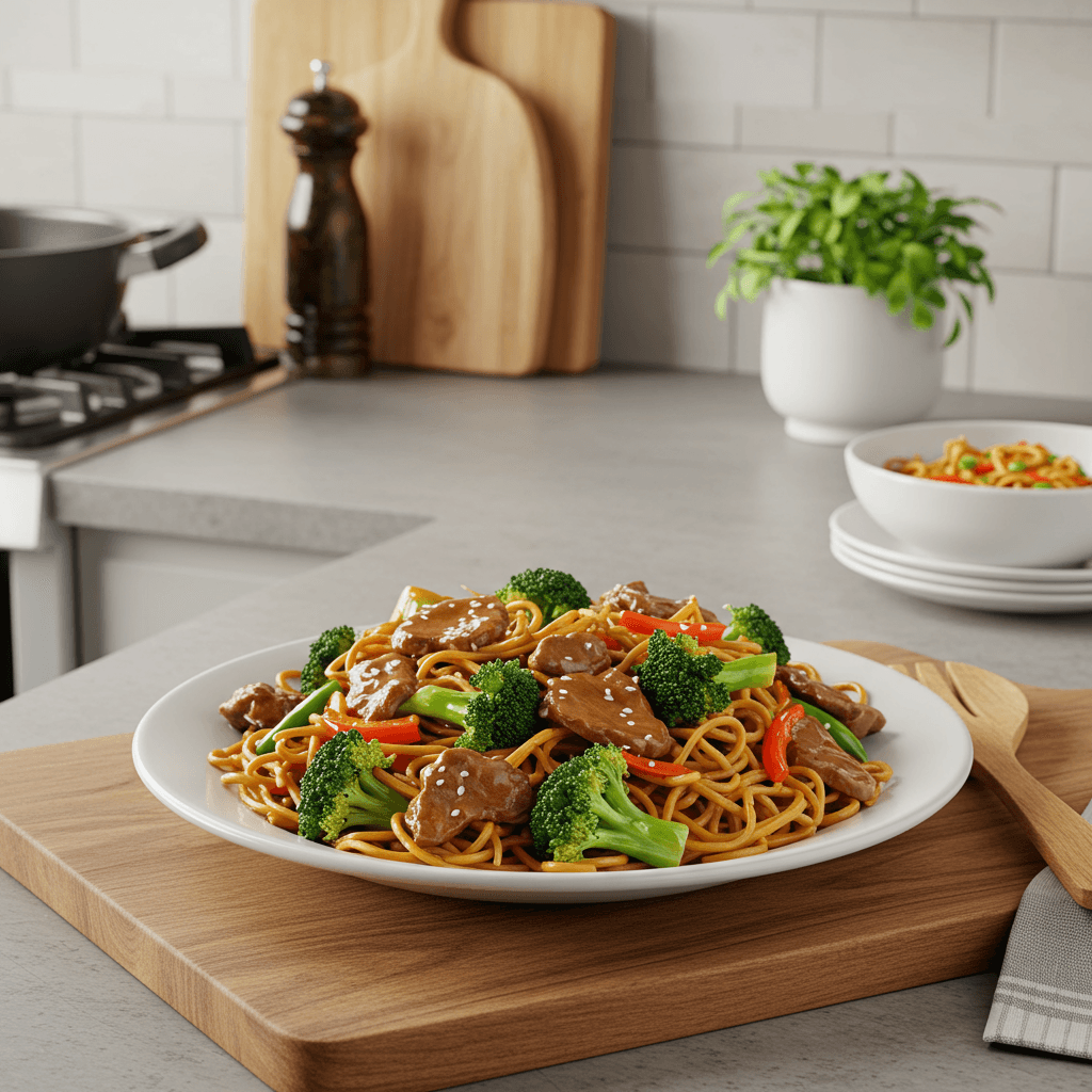 Microwave Beef and Broccoli Lo Mein Delight