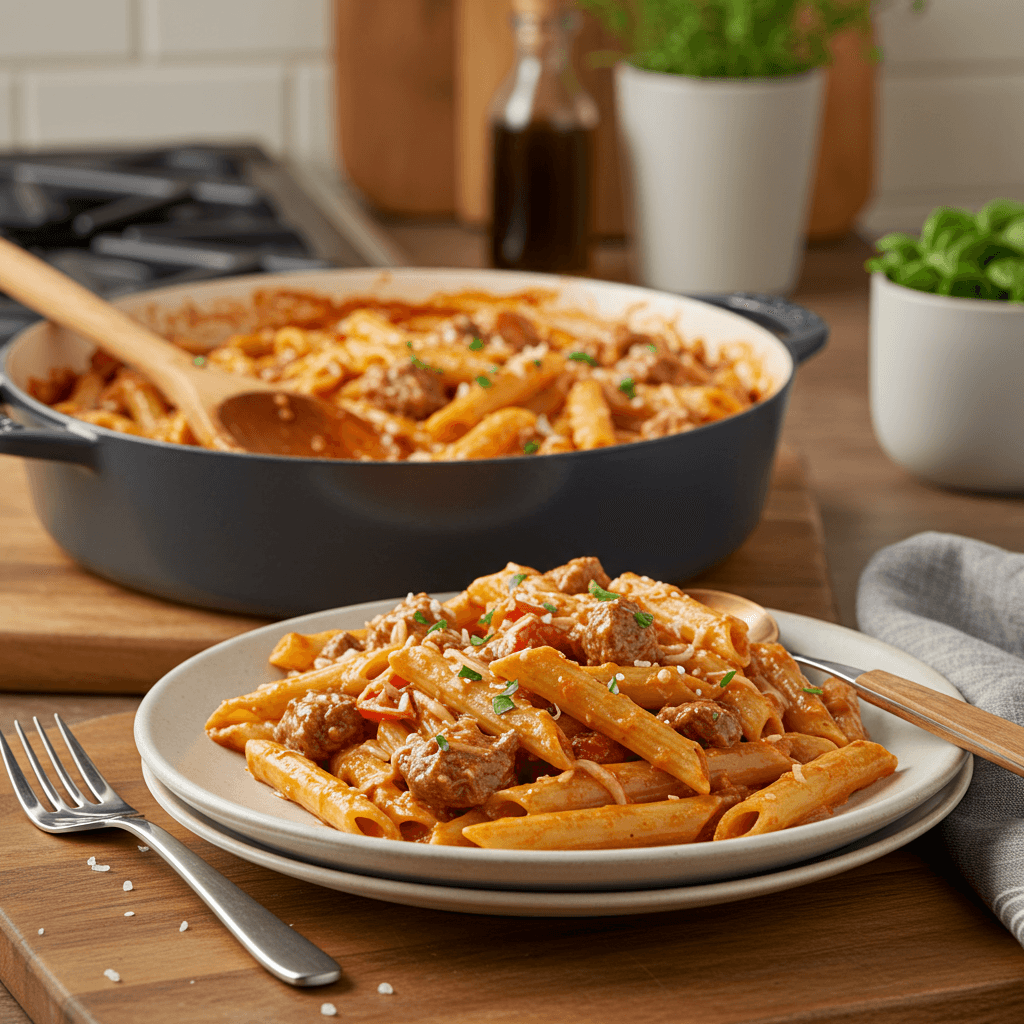 One-Pot Creamy Tomato Beef Ziti Delight