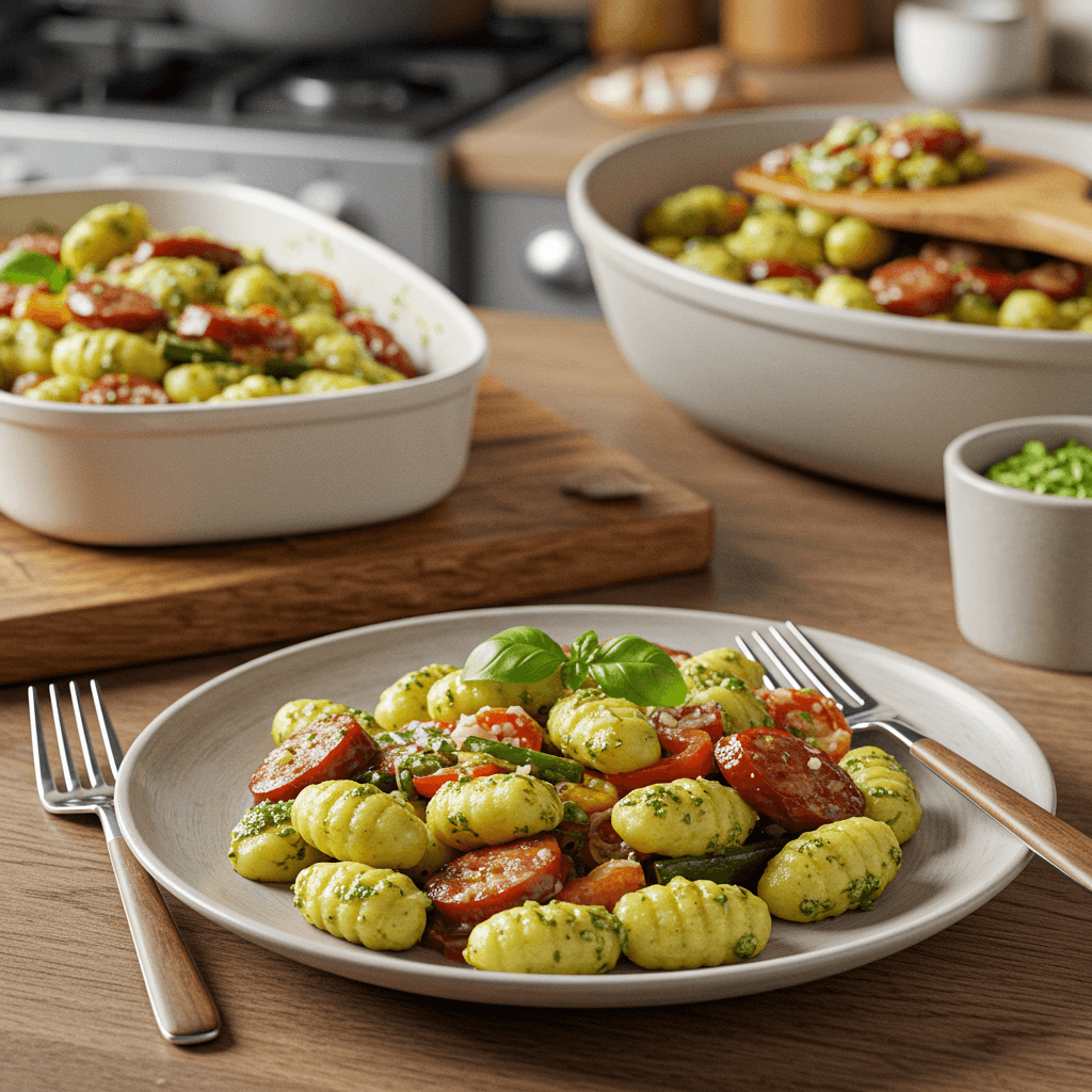 Oven-Baked Chicken and Sausage Gnocchi with Pesto and Veggies